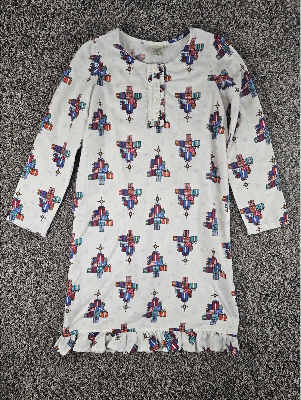 Lands End Girls Sz 10 Long Sleeve Nightgown Flannel White Christmas Print